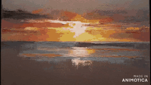 a painting of a sunset with the words made in animotica below it
