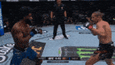 two men are fighting in a boxing ring with a can of taurine on the ground