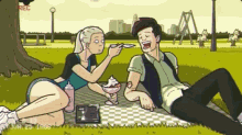 a cartoon of a man and woman eating ice cream in a park on june 25 1996