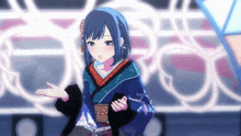 a girl with blue hair and a kimono is standing in front of a wall with circles on it .