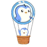 a blue hot air balloon with a penguin in it