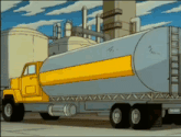 a cartoon drawing of a tanker truck with a yellow strip on the side
