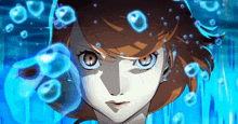 a close up of a girl with bubbles around her