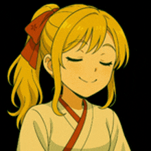 a girl with blonde hair and a red bow in her hair is smiling