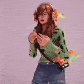 a girl wearing headphones and a green sweater is holding something in her hands