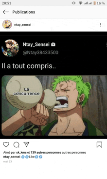a screenshot of ntay sensei 's instagram page with a picture of roronoa zoro drinking from a pitcher