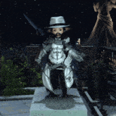 a video game character wearing a white hat and a sword