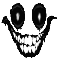 a black and white drawing of a smiley face with teeth and eyes