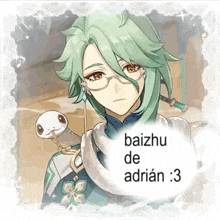 a boy with green hair and glasses is holding a snake on his shoulder .