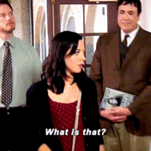 a woman in a red dress says what is that in front of two men in suits