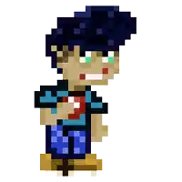 a pixel art of a man with blue hair and red lips