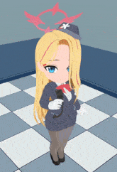 a cartoon character with blonde hair and a blue hat