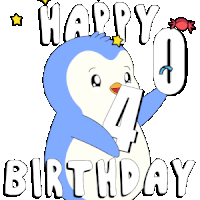 a blue penguin is holding a card that says happy 10 birthday