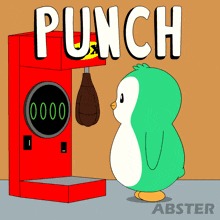 a cartoon of a penguin getting punched by a punching machine