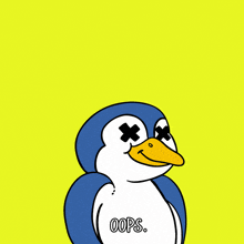 a cartoon of a penguin with crossed eyes and the words oops below it