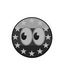 a black and white circle with stars and two eyes