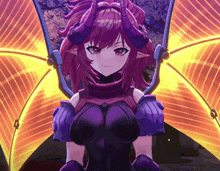 a girl with purple hair and horns is wearing a purple and yellow outfit