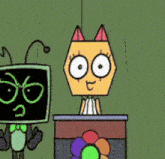 a cartoon character is standing at a podium with a flower in the background