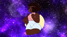 a cartoon drawing of a woman in a pink top and shorts against a galaxy background