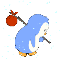 a penguin is carrying a red bag and a stick