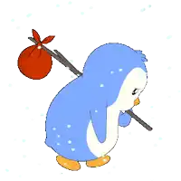 a penguin is carrying a red bag and a stick