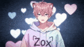 a boy with pink hair is wearing a hoodie with the word zox on it