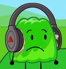 a green cartoon character is wearing headphones and making a sad face .