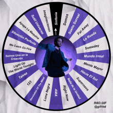 a man in a purple jacket is in the center of a purple and white circle