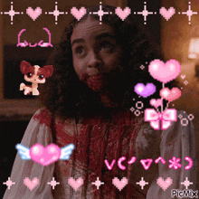a girl with blood on her face is surrounded by pink hearts and a littlest pet shop puppy
