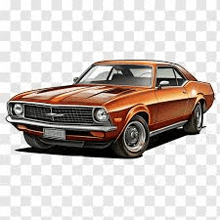 an orange muscle car is sitting on top of a checkered table .