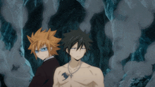 two anime characters standing next to each other with smoke coming out of their mouths