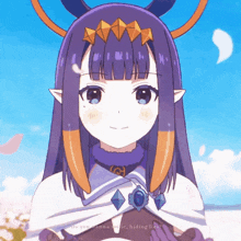 a purple haired anime girl with horns and a white cape says " do you wanna smile hiding here "