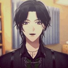 a man with long black hair and purple eyes is smiling