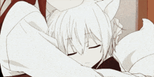 a black and white drawing of a girl with cat ears sleeping