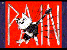 a black and white drawing of a cat playing a guitar on a red background that says pain