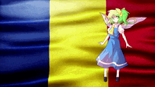 a girl with green hair and wings stands in front of a flag