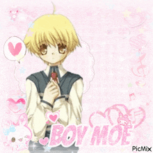 a picture of a boy holding a strawberry with the words boy moe in the corner