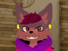 a cartoon fox wearing a purple hoodie and earrings