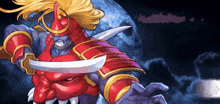 a cartoon of a samurai holding a sword in front of a full moon