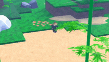 a cartoon character is standing on a sandy path surrounded by trees