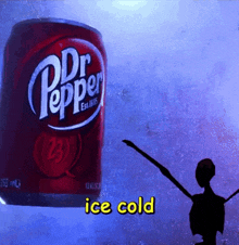 a can of dr pepper with ice cold written in yellow letters