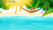 a cartoon of a woman laying in a hammock on a beach with the words sanda media above her