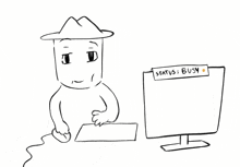 a black and white drawing of a man sitting in front of a computer monitor that says status busy on it