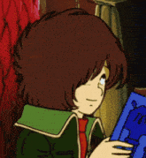 a cartoon character with brown hair and a green jacket smiles with his eyes closed