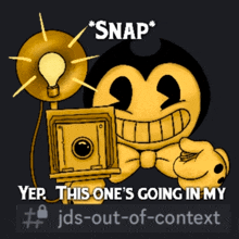 a cartoon character is holding a camera and says snap