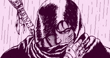 a black and white drawing of a person with a sword covering their face .