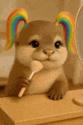 a dog with a rainbow ponytail is applying makeup