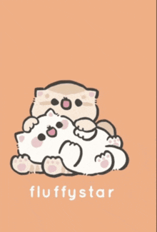a cartoon drawing of two cats laying on top of each other with the word fluffystar below them