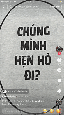 a phone screen shows a drawing of a circle with the words " chúng minh hen ho di "