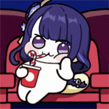 a cartoon of a girl sitting in a chair drinking from a red cup
